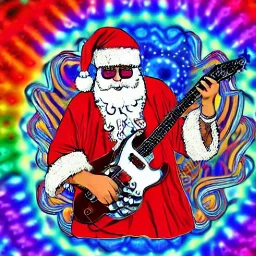 hippie Santa playing electric guitar, psychedelic, peace sign, MUSHROOMS, TRIPPY, ACID, LSD, dreadlocks