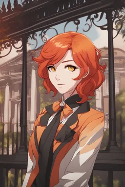 Woman with red-orange hair, vivid orange eyes, wearing a fancy suit, mansion background, RWBY animation style