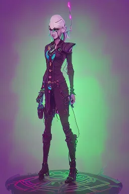 standing steampunk elf in a neon forest