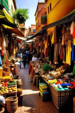 A Moroccan market scene, bustling with life and vibrancy. Picture a myriad of traditional shops, each filled with intricate handicrafts, colorful textiles, and fragrant spices.