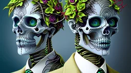 Surreal Couple Made Of Metal Skeletons With Flowering Vines Growing Through; Wearing Blue Gray Green Striped Business Suits With Paisley Shirts And Ties; Surreal, Intricately Detailed, Beautiful, Colorful