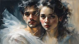 Portrait of a Man and a Stunningly Beautiful Woman Made of Tulle, Detailed Fabric Painting, Candlelight Insanely detailed painting by Pino Daeni, Jeremy Mann, Carne_Griffiths, Vadim Kashin, James Gurney, texture, 16k resolution, fine art, natural light, beautiful