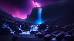 a waterfall flowing down obsidian and flickering with purple lightning with a sparkling blue and purple galaxy sky
