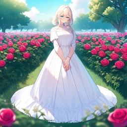 gorgeous anime girl wearing a yellow and white dress ,standing in a meadow of flowers, spreading rose pedals on the ground. beautiful eyes and a stunning smile, blue eyes