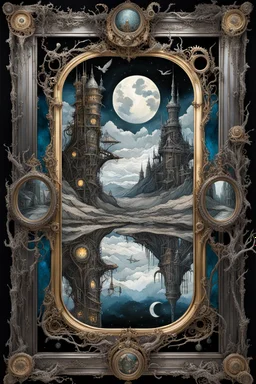 full monn reflections in big antique brocken mirror, mixed media portrayal blending Quentin Blake's whimsy with El Kazovszkij's dystopian surrealism, thryller and Raymond Swanland's dynamic artistry, encased in a quadratura-style frame reminiscent of Caldecott's narrative illustration, set against a dark fantasy and steampunk backdrop by Abigail Penner