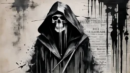 the grim reaper, death, skull, by LOUI JOVER, signature, newspaper background, monochrome,