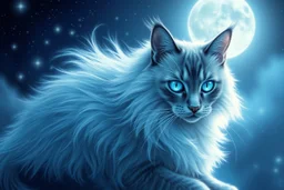 create a silver-blue Siamese or Persian cat with flowing fur in soft grey and white tones, bright blue eyes shining under moonlight, celestial background with stars and light glows, magical yet realistic appearance --ar 3:2 --v 7 --style raw