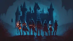 Adventurer party of four people, standing before a dark castle