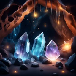 Hyper Realistic big glowing crystals with fireflies in a cave at night