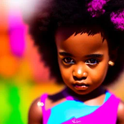 full body shot, masterpiece, best quality, child, dark skinned, sparkling eyes, fluorescent skin, colorful makeup, afro, highly detailed body, sun light, 4K, RAW, depth of field, high contrast, realistic details, 24mm