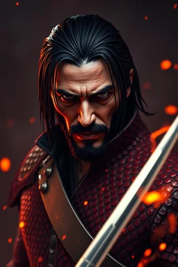 John wick in red skin, scales, unreal engine 6, high detail, intricate, cinematic. photoshoot style, intricate, studio lighting, Fire, smoke, masterpiece , highly detailed, 8k, best quality, dramatic,d,<lora:mshn:0.7>,<lyco:Warrior_Couture:0.5>,