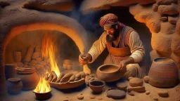 Mesopotamia with man making ceramic in a oven with fire