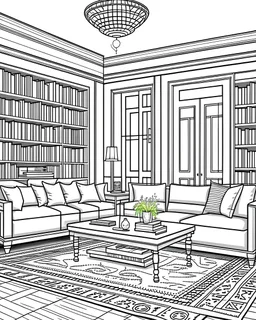 MANDELA STYLE. rendering loft luxury living room with shelf near dining table Coloring Book for Adults, Instant Download, Grayscale Coloring Book