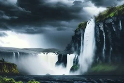 Cloudy dark sky, epic waterfall landscape