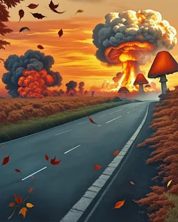 nuclear explosion's mushroom cloud in the distance, add leaves falling in foreground, digital painting