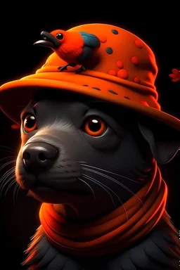 create an image of a bare xoloitzcuintle puppy, wearing gray and orange felt hat, with a little bird of all colors perched on its back, close-up, black filter, ultra detailed and visually rich concept art illustration of cute complex creatures of living molecules of persona 5, bright and enchanting, illuminated fantasy kingdom, (((rule of thirds))) depth of field intricate details, fantastic kingdom, extremely detailed, ultra-sharp focus, light particles, attention to detail, grandeur and aw