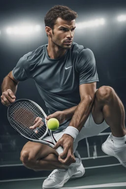 A hyper-realistic, A stylized portrait of Grigor Dimitrov in his signature tennis outfit, ready to take on the court. Photo Real, HOF, full size, practicality,manufacturability,performance, (((realism, realistic, realphoto, photography, portrait, , realistic, beautiful, elegant, charming, apocalyptic environment, professional photographer, captured with professional DSLR camera,trending on Artstation, 64k, ultra detailed, ultra accurate detailed, bokeh lighting, surrealism, Thomas Kinkade backgr