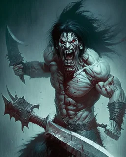 screaming scary zombie human berserker meaty black hair big greatsword