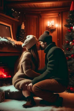 Cozy Christmas scene couple kissing