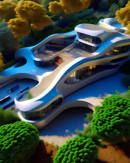 Country house parametric architecture Zaha Hadid style incredibly detailed 8k aerial view