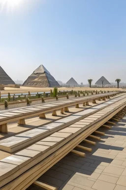 A tourist walkway in Egypt overlooking the pyramids and has modern seating places