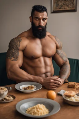 full figure shot photography of a burly ugly 30 year old italian boxer with big broken nose, very long muslim black beard, muscular beefy man shirtless, manly chest, big shoulders, shaved hair, bulge, sitting and eating on a table in a modern dinner room, photorealistic