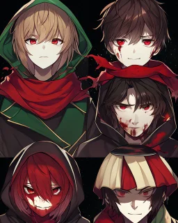 Wearing a green hood, short brown hair, glowing red eyes, blood on his cheek, dark background reminiscent of a nightmare, Psychopathic smile while holding a red knife, wears a red scarf, facing the screen showing only his face and neck, Man, art style: Anime manga.