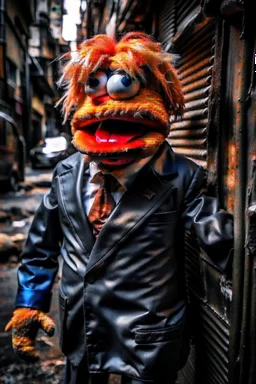 a Film Photograph of a realistic angry orange Donald Trump Muppet made of felt and fur wearing a dark blue suit and red tie and with blonde hair combover, he is old and angry and lives in a galvanized steel garbage can in an alley