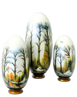 White foggy treetops with birds designed in Matryoshka dolls painted by Paul Cezanne