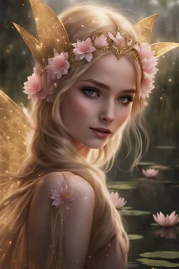 Pointed elven ears,Blonde hair ,Pink dress,Sparkling fairy wings,Very long golden hair,Fairy crown,pointed ears,elven ears,fairy wings,water lilies,sparkling,glittering,flowers,blossoms,golden crown,light pink dress