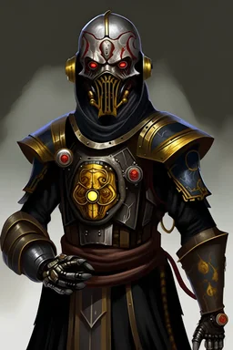 Portrait of a robotic warforged doctor wearing a tribal mask. The strange, slightly intimidating mask sits on a figure standing 6'5'' who is wearing a dark traveling cloak with a bound tome at their waist. This robotic warforged with black coloring and gold accents. Their dark and shiny metallic surfaces appear dignified and well kept, but also show signs of years of wear and scratches. The tribal mask is brightly colored with red and white and displays feathers and gemstones.