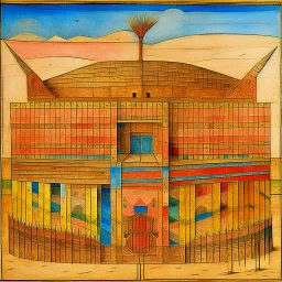 A tan coliseum with swords on the entrance painted by Paul Klee