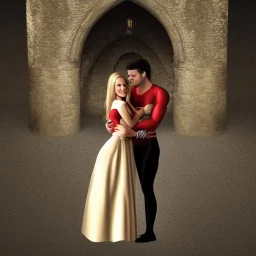 A photo realistic portrait of a stunning blonde girl and muscular dark haired man in a lovers embrace standing in front of a medieval castle