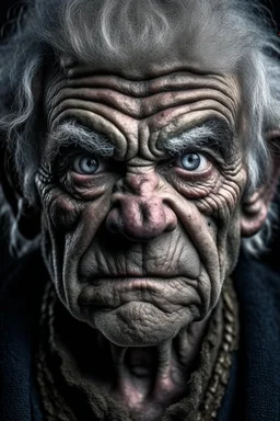 Portrait of an old ogre, malevolent look, blue eyes, salt and pepper hair,
