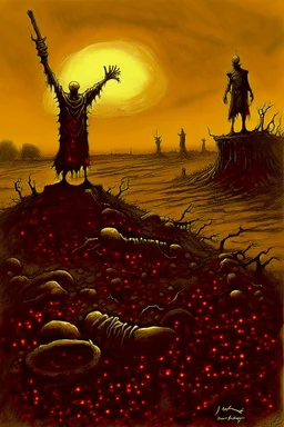 zombie priest being sucked down into a tar pit at sunset only head and one arm above the tar, raising an arm holding a bible, modern stylish oil painting, by Ted McKeever style, by Zdzislaw Beksinski, ink wash mind-bending illustration, dark shine, by VS Gaitonde