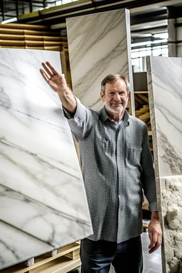 Man holding special marble and granite slabs