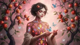 Female figure whose skin is composed of Gothic windows that emit inner light, surrounded by twisted apple trees with jewel-like shining fruits, her hands weaving tapestries of nebulae and constellations, crystal butterflies, mystical and dreamy atmosphere, pink mist, magical realism style