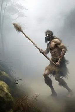 Amazon jungle a foggy mist cloudy , a big giant from Stone Age wearing a fur skin and holding a big stick