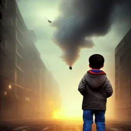 a little boy in a apocalypse city with big buildings, and smoke in the air, with flying machines, cats in the streets