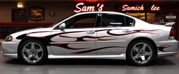 suped up 2004 chevy impala supersport musclecar, silver with black flames outlined with a thin red pinstripe, in front of Sam's club, SuperSport car, impressive, VIP, award winning, detailed