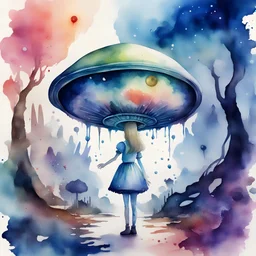 Alice's Adventure in watercolor painting alien art style