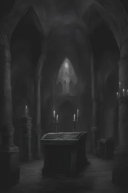 The inside of the toomb of Strahd Von Zarovich. Dark and foreboding, with a polished ebony coffin.