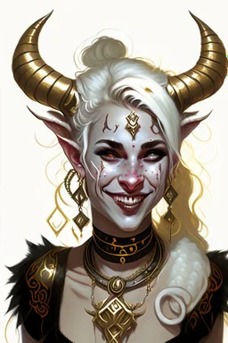 A young tiefling woman with a set of ram horns on her head encrusted with jewels, White-Blonde, medium length hair, black eyes, dressed in white and gold with lots of jewelry, beautiful, satanic tattoos on her neck, she is smiling