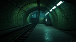 GAME CONCEPT ART .two poin perspective.Station platform and stairs from side .photograph inside of hole .very big ambient.gient station.Inside the old subway tracks, . Low light and closed green moss walls. Like the original design of the game space ,digital art.landscape,far camera old painting,2 Chen and George Hopper, Rembrandt lighting, a dark green color scheme, . --ar 13:16 --v 6. 0 metro game
