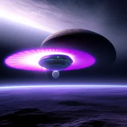 Alien jumpship over a crater, purple sky