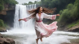 Hyper Realistic Photographic View Of A Beautiful Pashto Woman With Long Brown Wet Hair Wearing A White Frock And Pink Embroidery Happily Jumping On A River Water And Enjoying Rain With A Beautiful Waterfall And Cloudy Weather At Heavy Rainfall Showing Dramatic And Cinematic Ambiance.