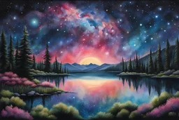 by the lake, on an alien world, under the Orion Nebula, by night :: no changes to texture :: make it more alien and make the sky a whole starry nebula :: extremely detailed, intricate, photorealistic, beautiful, high detail, high definition, pencil sketch, deep color, watercolor
