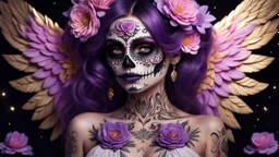 beautifull girl sugarskull,whit tattoo, pretty eyes, big wings, photography, volumetric lighting, ultra-detailed photography, black background, Perfect anatomy, super high resolution + UHD + HDR + highly detailed, hyperrealistic, dynamic lighting, purple, gold, PINK colors, STARS BACK AND MOON, FLOWERS PURPLE ARROUND