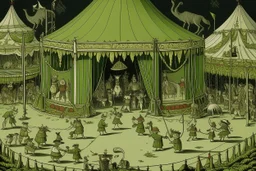 An olive green Halloween themed circus designed in Bayeux tapestry painted by Francis Danby