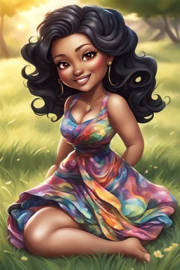 An airbrushed chibi black cartoon of a curvaceous woman with flowing black hair twisted up, wearing a colorful maxi dress. She sits relaxed on the grass facing the warm sunlight, which illuminates her face as she looks to the side with a small smile, accentuating her prominent makeup and brown eyes.